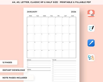 2026 Monthly Goal Planner Printable, 2026 Calendar, Month at a Glance, Monthly Organizer, Productivity Planner, A4/A5/Letter/Classic/Half
