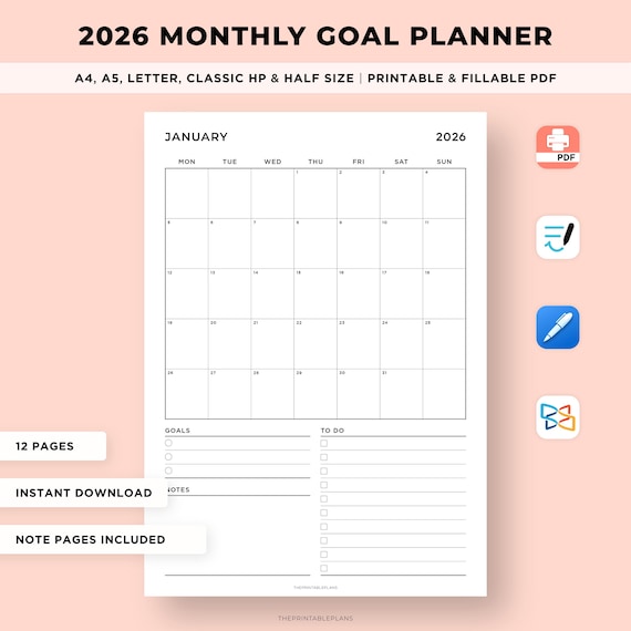 2026 Monthly Goal Planner Printable, 2026 Calendar, Month at a Glance, Monthly Organizer, Productivity Planner, A4/A5/Letter/Classic/Half