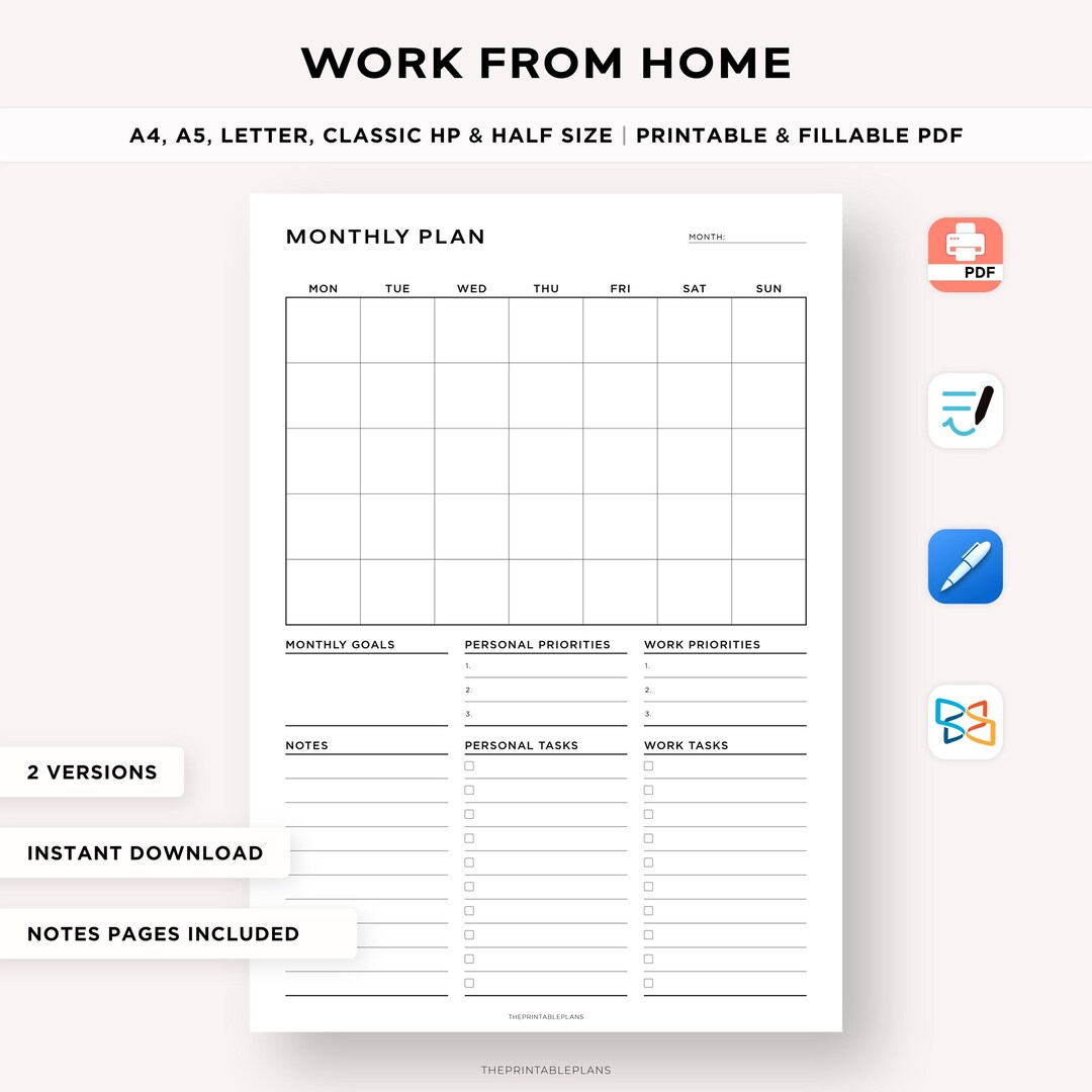Work From Home Monthly Planner, Personal & Work to Do List, Office Work ...