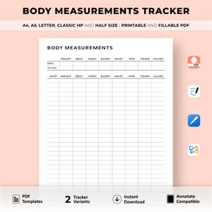 Body Measurements Tracker Printable, Body Transformation Template, Fitness Progress Sheet, Fitness Tracker, Exercise Tracker, Health Tracker
