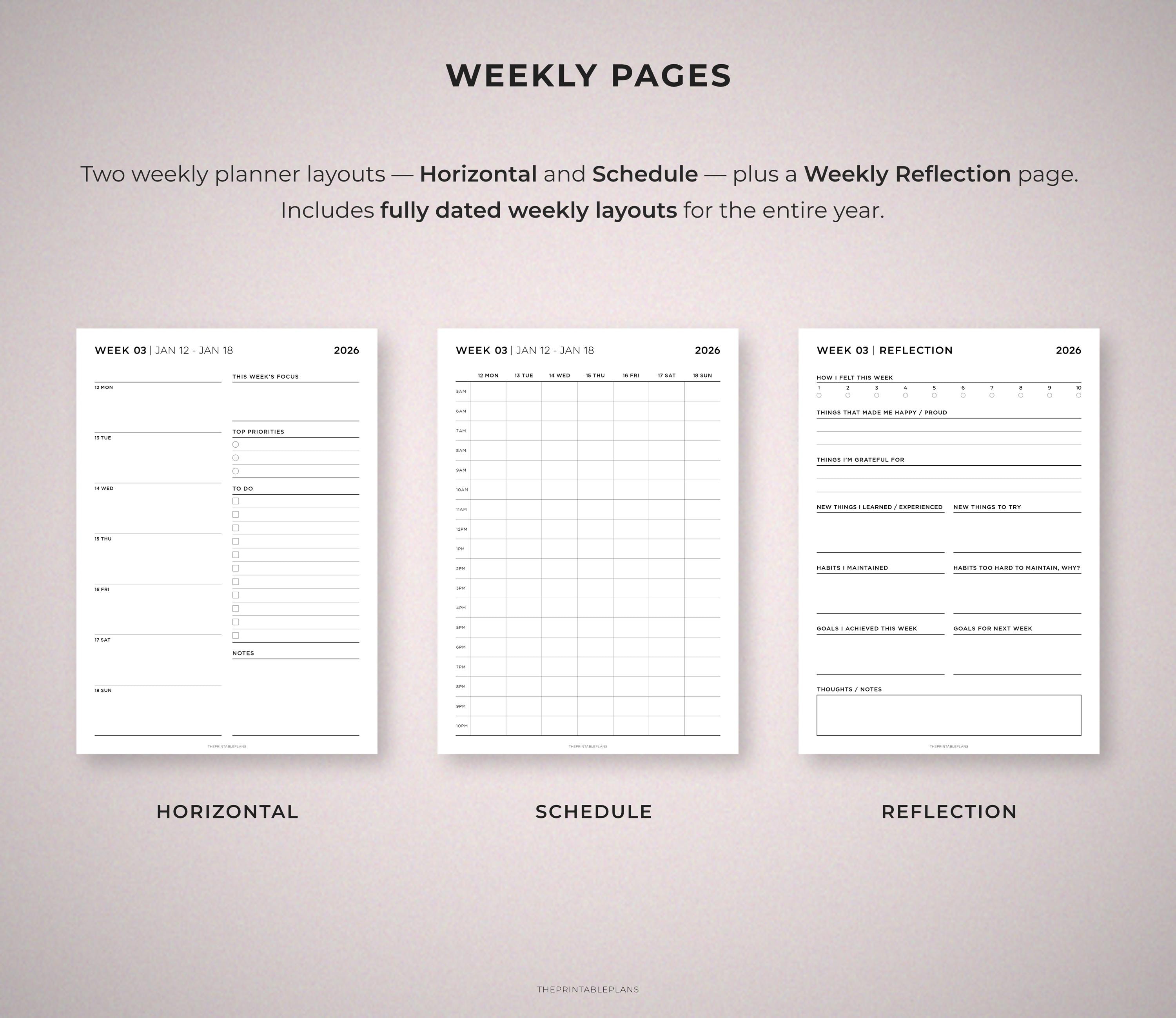 2026 Dated Planner Printable, Daily Weekly Monthly Pages, Year at a ...