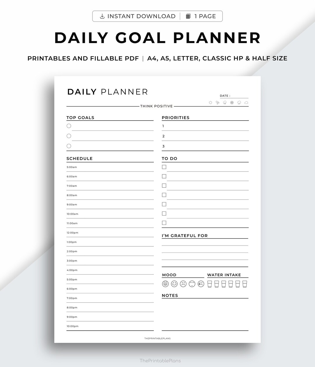 Printable Daily Goal Planner, Daily Schedule , Daily Productivity ...