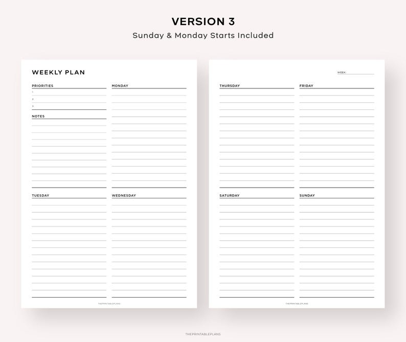 Pu&ograve; includere: Un planner settimanale stampabile con un design in bianco e nero. Il planner include sezioni per le priorit&agrave;, le note e ogni giorno della settimana. Il testo "VERSION 3" e "Sunday & Monday Starts Included" &egrave; in cima alla pagina.