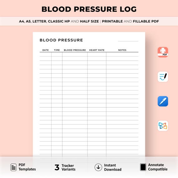 Blood Pressure Log Printable, Minimalist Medical Tracker (A4/A5/Letter/HP/Half)