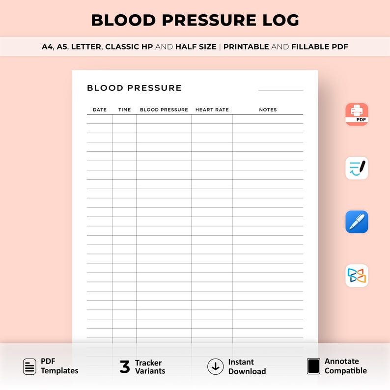 May include: Printable blood pressure log template in PDF format. The template has columns for date, time, blood pressure, heart rate, and notes.