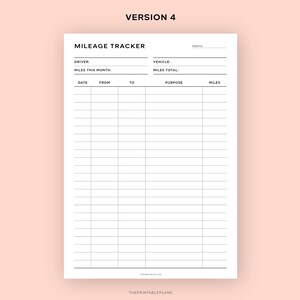 May include: A printable mileage tracker with columns for date, from, to, purpose, and miles. The tracker has space for driver, vehicle, miles this month, and miles total.