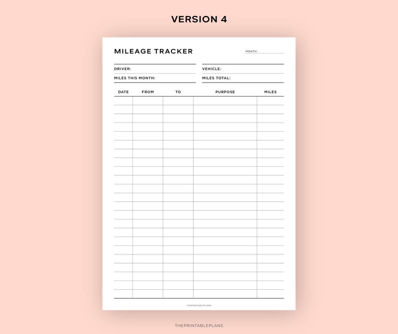 May include: A printable mileage tracker with columns for date, from, to, purpose, and miles. The tracker has space for driver, vehicle, miles this month, and miles total.