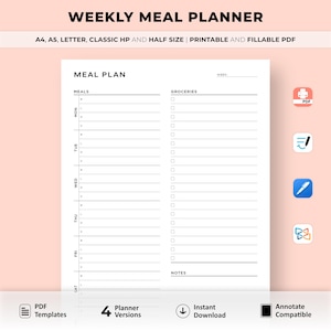 Weekly Meal Planner Printable, Grocery List, Food Diary, Meal Tracker, Food Journal, 7 Day Menu Plan, Diet Plan, Fitness & Health, A5 Insert