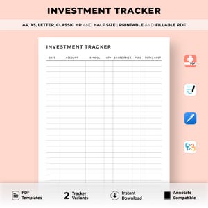 Investments Tracker Printable, Investment Planner, Investments Portfolio Tracker, Money Management, Stock Purchase Log, Finance Planner