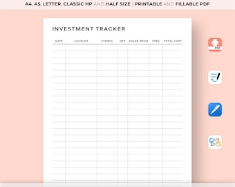 Investition Tracker druckbar, Anlageplaner, Investition Portfolio Tracker, Geldmanagement, Lagerkauf Log, Finazplaner