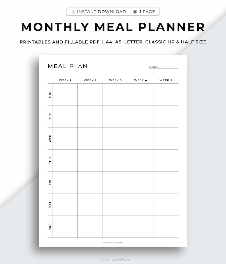 Op de afbeelding: Een afdrukbare maandelijkse maaltijdplanner met een witte achtergrond. De planner bevat secties voor elke dag van de week en vijf weken, met de tekst "MEAL PLAN" bovenaan. Beschikbaar in A4, A5, Letter, Classic HP & Half Size.