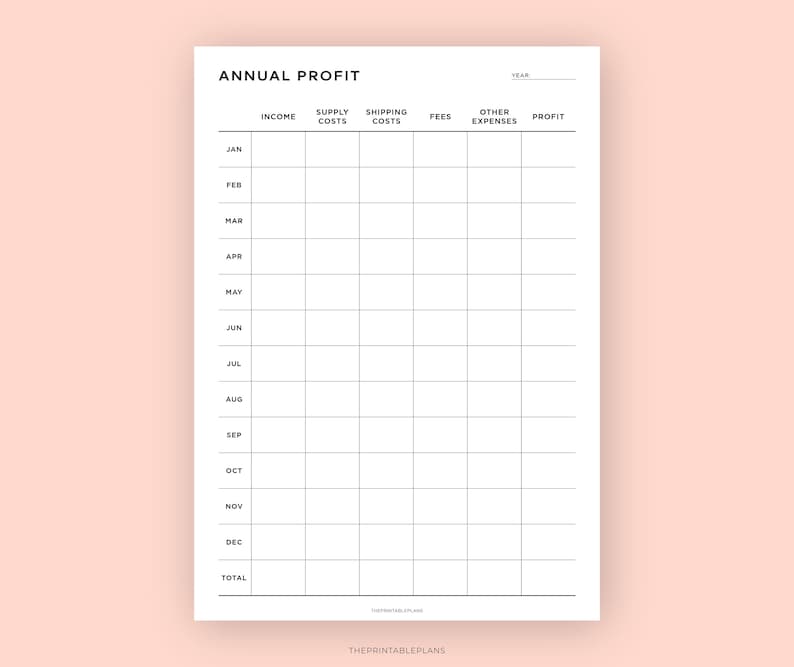 Provit Multipe Rows Annual Profit Tracker Printable, Business Profit Calculator, Business ...