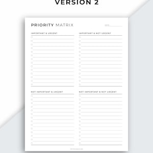 Op de afbeelding: Een printbare prioriteitenmatrixplanner met vier kwadranten met de labels "Belangrijk & Urgent", "Belangrijk & Niet Urgent", "Niet Belangrijk & Urgent" en "Niet Belangrijk & Niet Urgent". Elk kwadrant heeft 15 lege regels met cirkels om taken af te vinken.