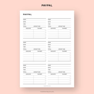 May include: Printable checklist for tracking PayPal payments. The checklist includes sections for shop name, date, item, total, amount due, due date, and payment. There are three sections for tracking payments.