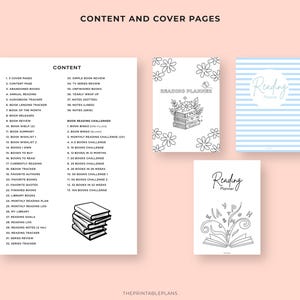 May include: A collection of reading planners and trackers, including a content page, book wishlists, and reading challenges. The image features a stack of books, floral designs, and the words "Reading Planner" in various styles, all set against a soft pink background.