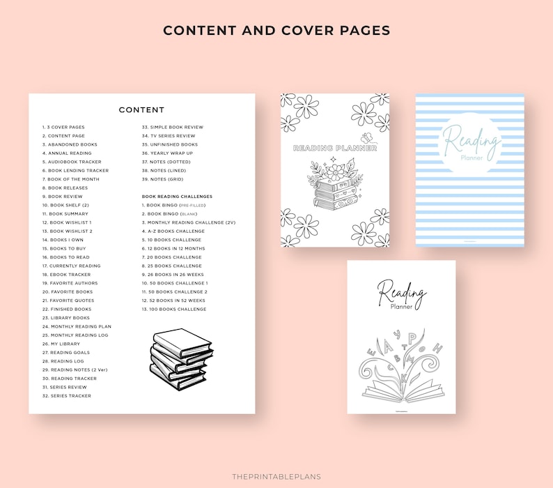 May include: A collection of reading planners and trackers, including a content page, book wishlists, and reading challenges. The image features a stack of books, floral designs, and the words "Reading Planner" in various styles, all set against a soft pink background.