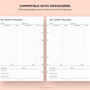 May include: Printable net worth tracker with two columns for assets and liabilities, with space for description and value. The tracker has a section for notes and totals for net worth, total assets, and total liabilities. The tracker is compatible with organizers.