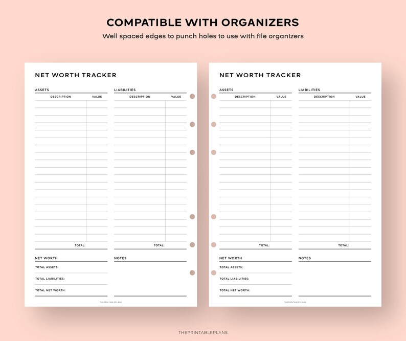 May include: Printable net worth tracker with two columns for assets and liabilities, with space for description and value. The tracker has a section for notes and totals for net worth, total assets, and total liabilities. The tracker is compatible with organizers.