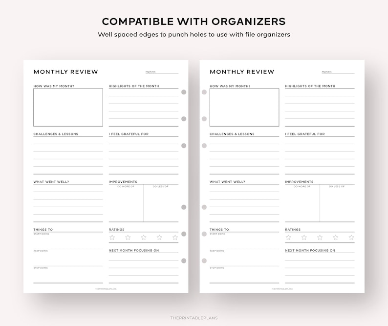 May include: A printable monthly review planner with sections for "How was my month?", "Highlights of the month", "Challenges & Lessons", "I feel grateful for", "What went well?", "Improvements", "Things to", "Ratings", and "Next month focusing on".