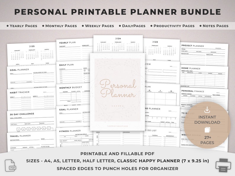 Druckbarer Planer, Personal Planner Bundle, täglich, wöchentlich Monatsplaner, Ziel, Gesundheit, Produktion, Finanzen, POMODORO und Jahreskalender. Bild 1