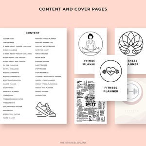 May include: A collection of fitness planner pages with a light pink background. The pages include a content list, cover pages, and various trackers for weight, meals, and workouts. The text "Content and Cover Pages" is at the top.
