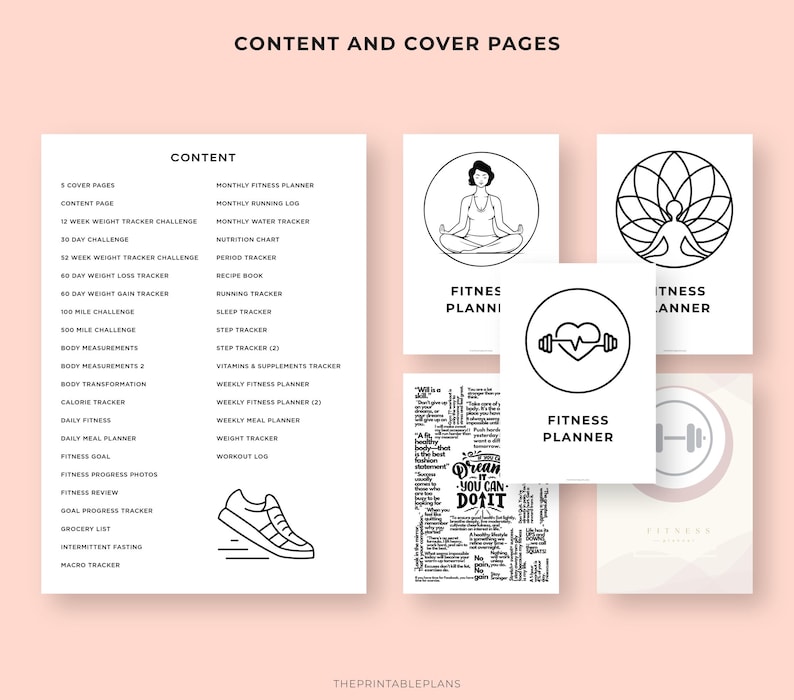 May include: A collection of fitness planner pages with a light pink background. The pages include a content list, cover pages, and various trackers for weight, meals, and workouts. The text "Content and Cover Pages" is at the top.