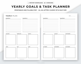Quarterly Yearly Planner Printable, Yearly Goals & Tasks, Productivity Planner, Annual Overview, Undated Planner, A4/A5/Letter/Classic/Half