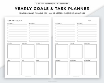 Quarterly Yearly Planner Printable, Yearly Goals & Tasks, Productivity Planner, Annual Overview, Undated Planner, A4/A5/Letter/Classic/Half