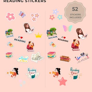 May include: A collection of 52 reading-themed stickers on a light pink background. The stickers feature illustrations of books, flowers, butterflies, and people reading. Text includes "Reading," "Story book," and "Romance."