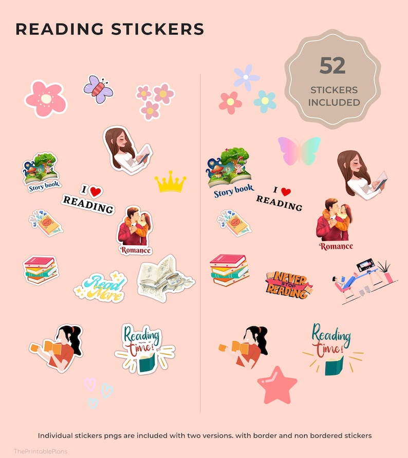 May include: A collection of 52 reading-themed stickers on a light pink background. The stickers feature illustrations of books, flowers, butterflies, and people reading. Text includes "Reading," "Story book," and "Romance."