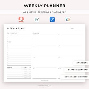Puede incluir: Un planificador semanal imprimible en blanco y negro con secciones para las prioridades principales, la lista de tareas, el horario, los hábitos y las notas. El planificador está disponible en dos versiones e incluye páginas de notas. El texto "WEEKLY PLANNER" está en la parte superior de la página, y el texto "WEEKLY PLAN" está en la parte superior del planificador.
