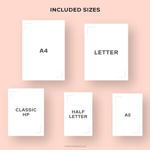 May include: A graphic showing the different sizes included in a printable planner: A4, Letter, Classic HP, Half Letter, and A5.