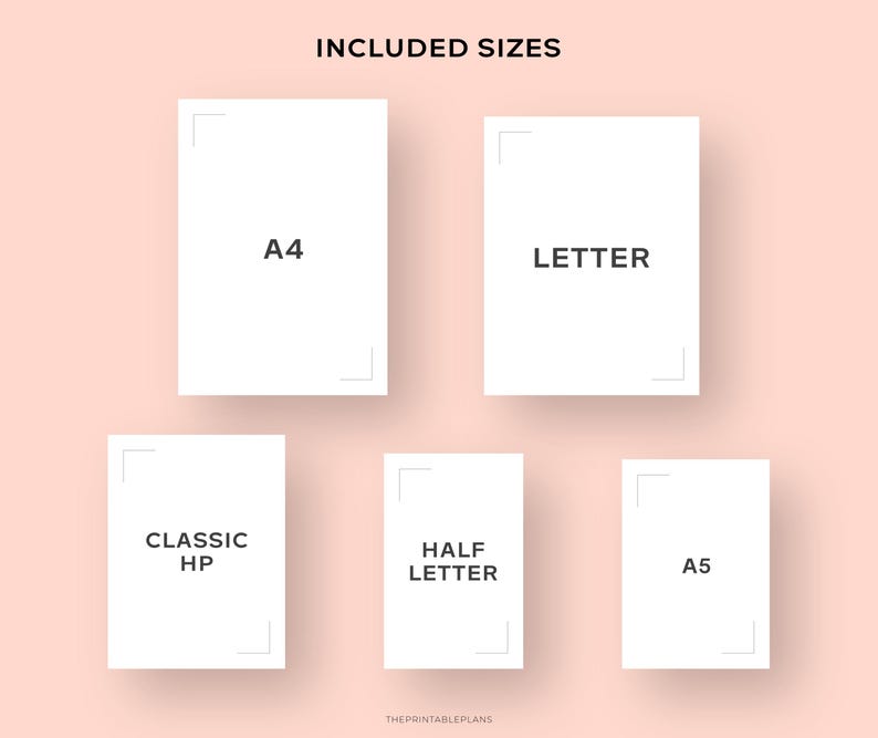 May include: A graphic showing the different sizes included in a printable planner: A4, Letter, Classic HP, Half Letter, and A5.
