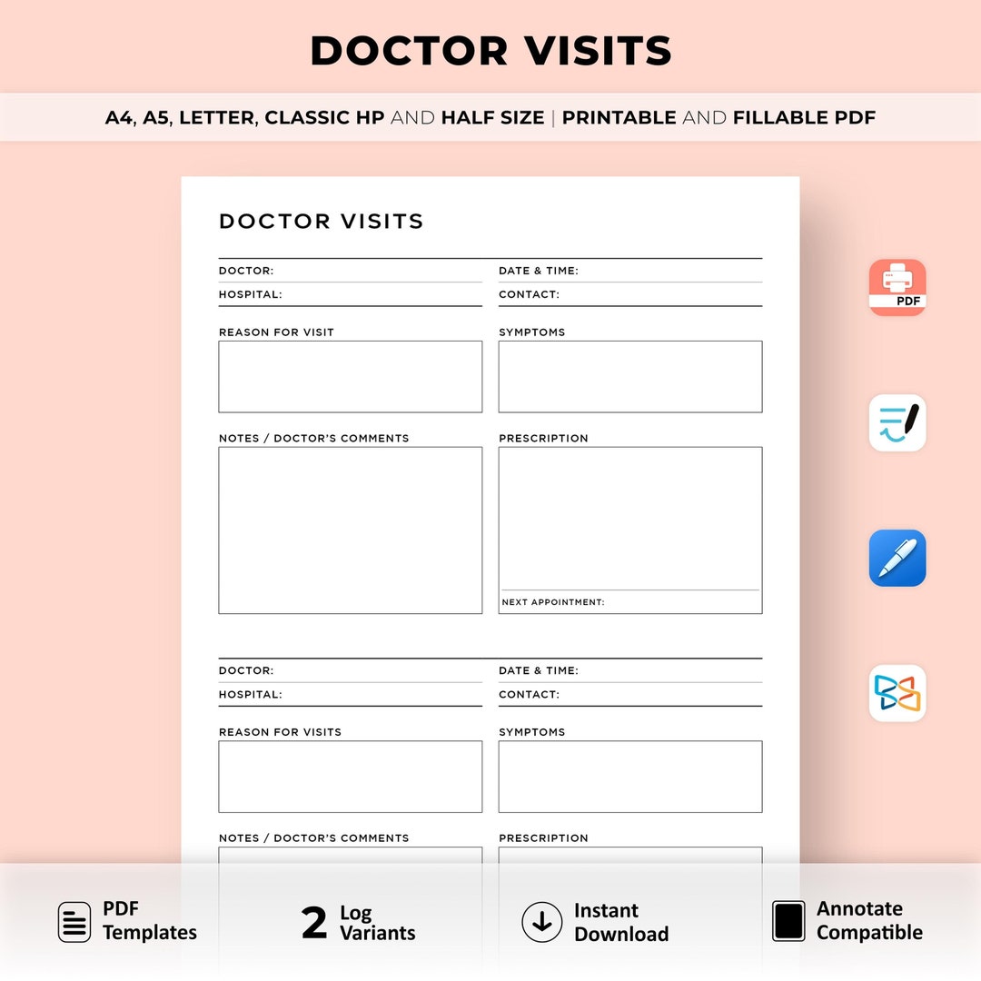 Doctor Visits Planner Printable, Doctor Appointment Log, Health Record ...