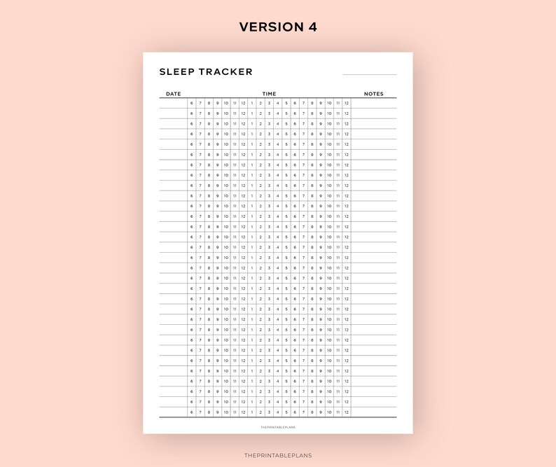 Puede incluir: Un imprimible blanco de seguimiento del sue&ntilde;o con un dise&ntilde;o de cuadr&iacute;cula para registrar los patrones de sue&ntilde;o. La parte superior de la p&aacute;gina tiene el t&iacute;tulo "SLEEP TRACKER" y secciones para la fecha, la hora y las notas. El fondo es de color melocot&oacute;n suave.