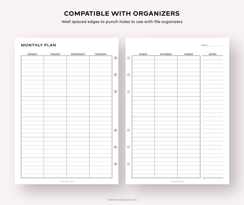 Lined Monthly Planner Printable, Month on 2 Pages, Monthly Calendar