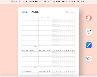 Monthly, Quartly, Yearly Bill Tracker on One Page Printable, Bill Payment Checklist, Bill Tracker, Finance Planner,A4/A5/Letter/Classic/Half