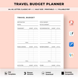 May include: A printable travel budget planner in black and white. The planner has sections for destination, dates, transport, accommodation, food and drinks, entertainment, activities, and other. The planner is available in three versions and is compatible with annotating.