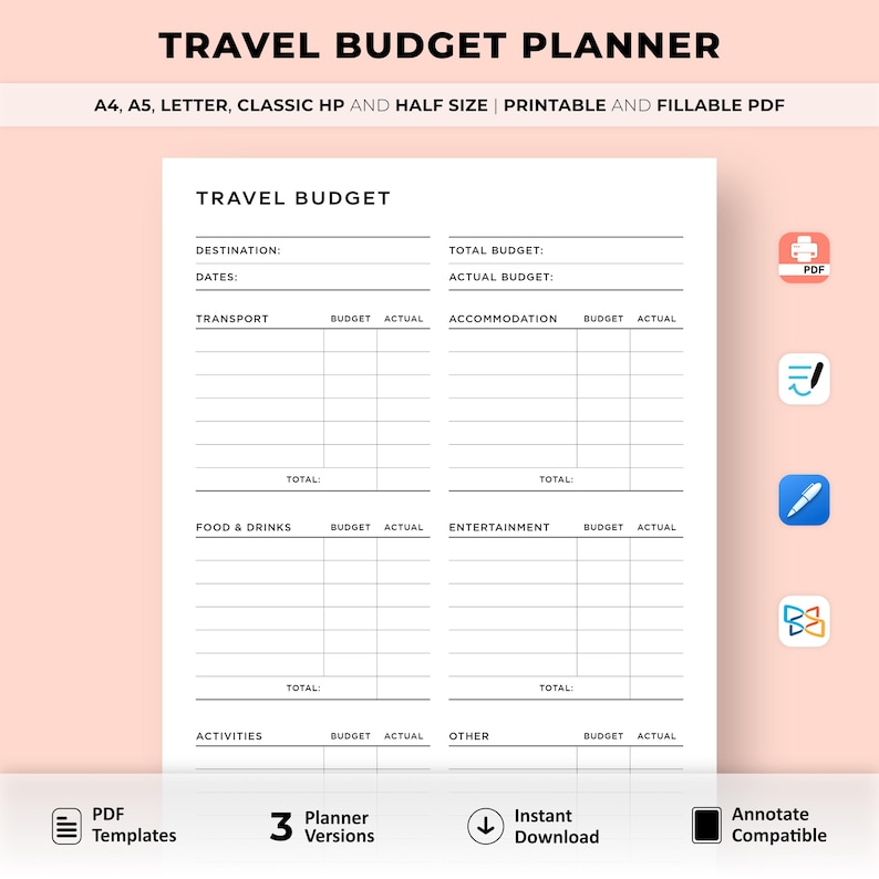 Travel Budget Planner Printable, Vacation Budget Planner, Expense Log, Work / Holiday Spending Worksheet, Finance Planner, Instant Download image 1