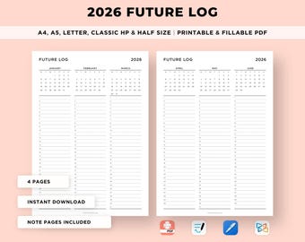 2026 Future Log Planner, Yearly Overview (Digital Download)
