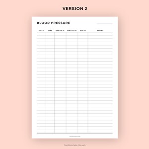 May include: A printable blood pressure log with columns for date, time, systolic, diastolic, pulse, and notes.