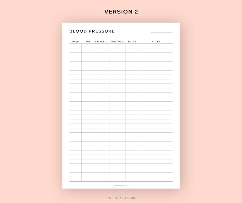 May include: A printable blood pressure log with columns for date, time, systolic, diastolic, pulse, and notes.