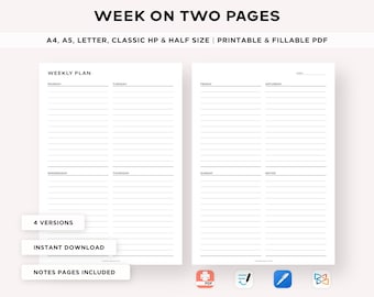 May include: A printable weekly planner template with a black and white design. The planner is divided into two pages, with each page containing a grid for each day of the week. The planner also includes a notes section. The text on the image reads "Week on Two Pages" and "A4, A5, Letter, Classic HP & Half Size | Printable & Fillable PDF".