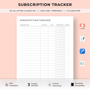Abonnement-Tracker zum Ausdrucken, Mitglieder-Tracker, Abonnement-Planer, Checkliste für Mitglieder, Ausgaben-Tracker, A4 / A5 / Letter / Classic / Half