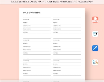 Password Tracker Printable, Password Log, Password Tracker, Password Keeper, Password Organizer, Password Sheet, A4/A5/Letter/Classic/Half