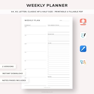 Weekly Planner Printable, Weekly Agenda, Weekly Schedule Organizer, Week At a Glance, To Do List, Task Planner, A4/A5/Classic HP/Letter/Half