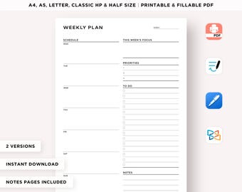 May include: A white weekly planner with the text "WEEKLY PLANNER" at the top. The planner includes sections for scheduling, priorities, and to-do lists. The text "WEEKLY PLAN" is visible. The planner is available in multiple sizes.