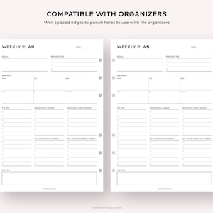 Op de afbeelding: Een printbare weekplanner met secties voor doelen, prioriteiten, agenda, takenlijst en notities. De planner is ontworpen om compatibel te zijn met ordners.