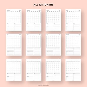 May include: A collection of twelve minimalist monthly calendars for 2026, each with a grid layout and space for notes. The text "ALL 12 MONTHS" is at the top. The bottom of the pages have the text "THEPRINTABLEPLANS".