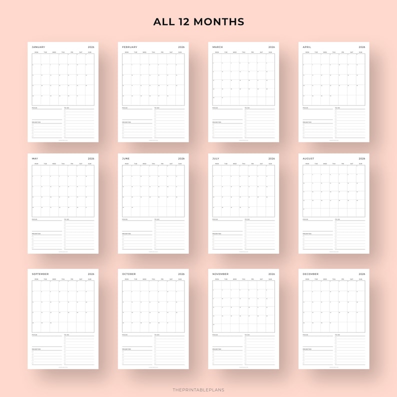 May include: A collection of twelve minimalist monthly calendars for 2026, each with a grid layout and space for notes. The text "ALL 12 MONTHS" is at the top. The bottom of the pages have the text "THEPRINTABLEPLANS".